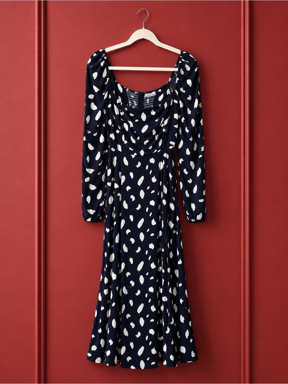 Reformation Navy and White Long-Sleeve Printed Midi Dress